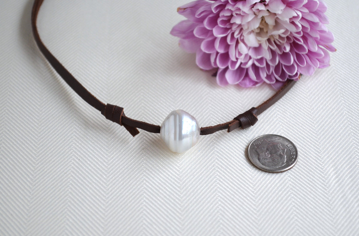 Rare White Tahitian Pearl Choker: Brown Leather Surf Jewelry UNISEX