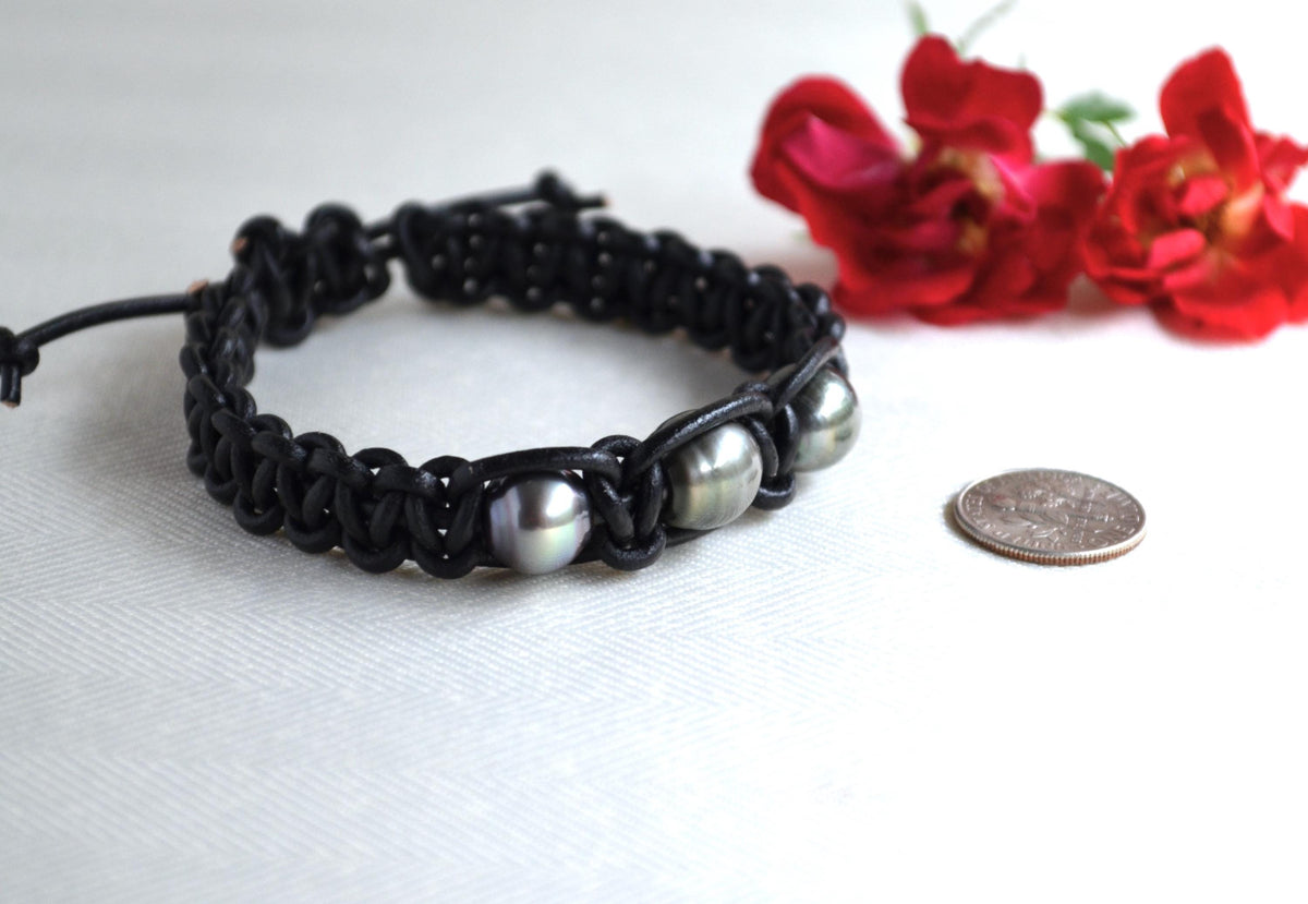 Three Tahitian Pearl Braided Greek Leather Bracelet