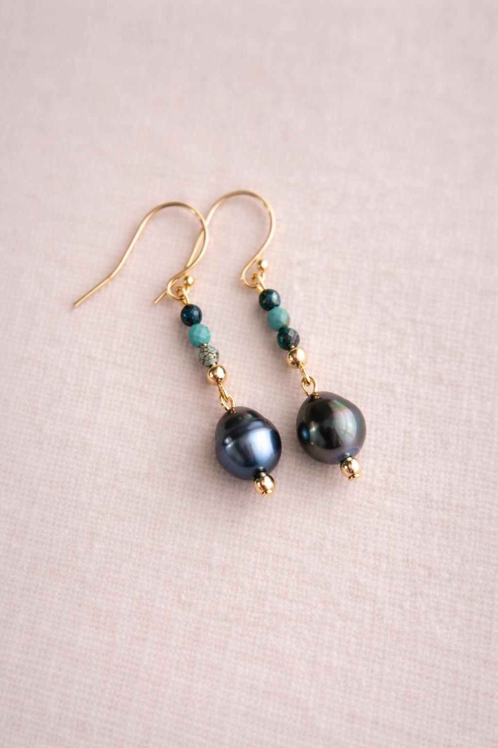 Tahitian Pearl Turquoise Dangle Earrings, Gold-Filled, Handmade Jewelry (1.5")
