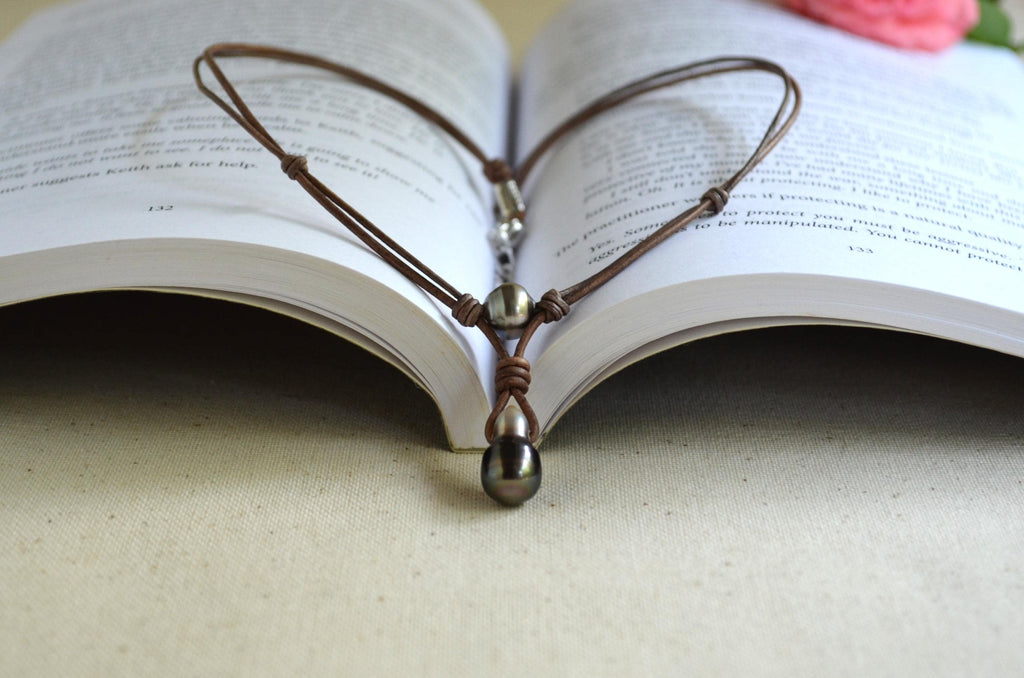 Tahitian Pearl Leather Necklace, Large Drop Pearl, Silver Black, Handmade Jewelry