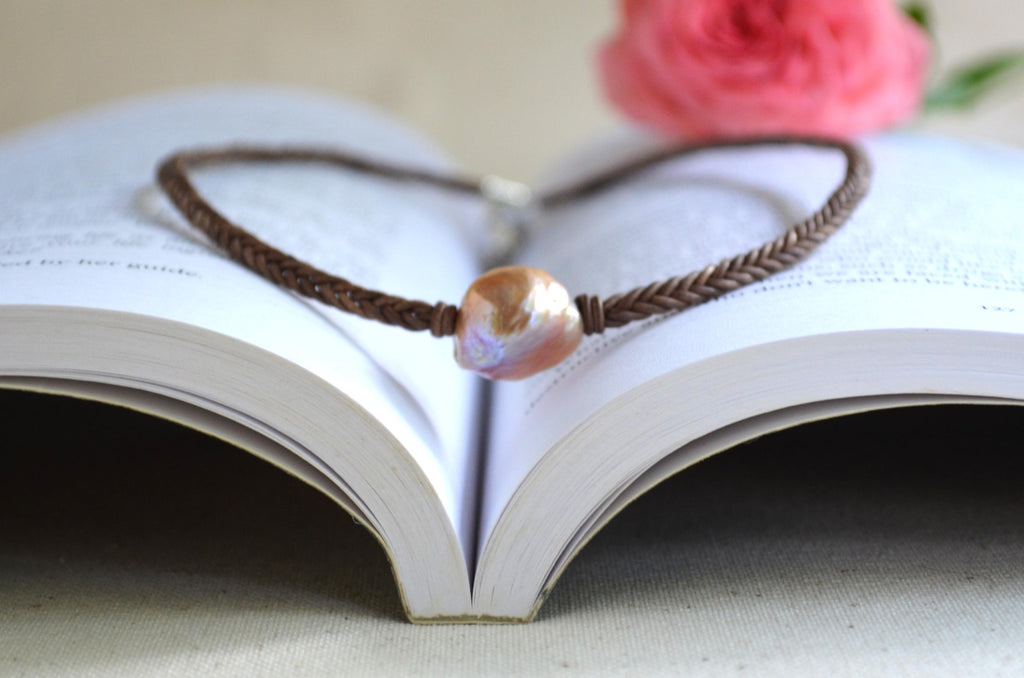 Edison Pearl Necklace: Hand-Braided 5-Cord Leather, Baroque Statement Jewelry Gift for Her
