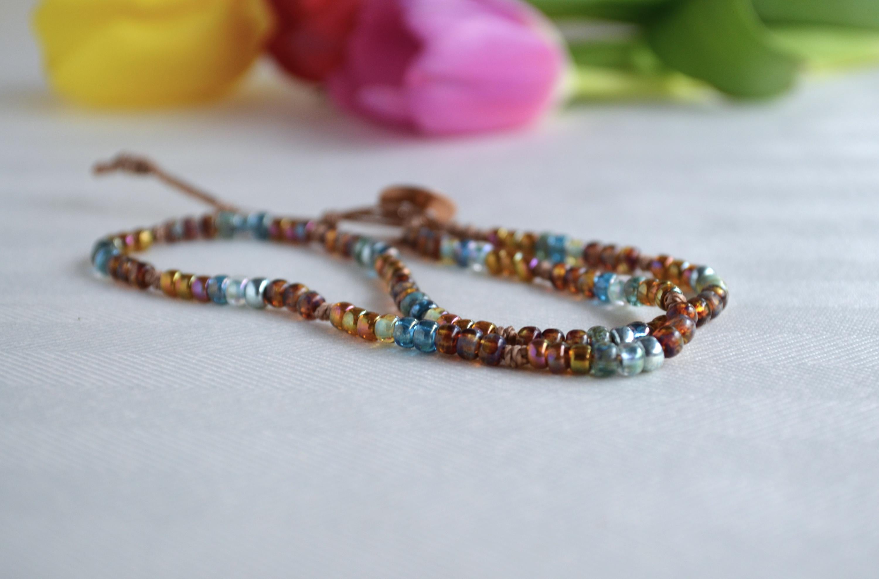 Boho Czech Glass Beaded Choker Necklace, Knotted, Button Closure