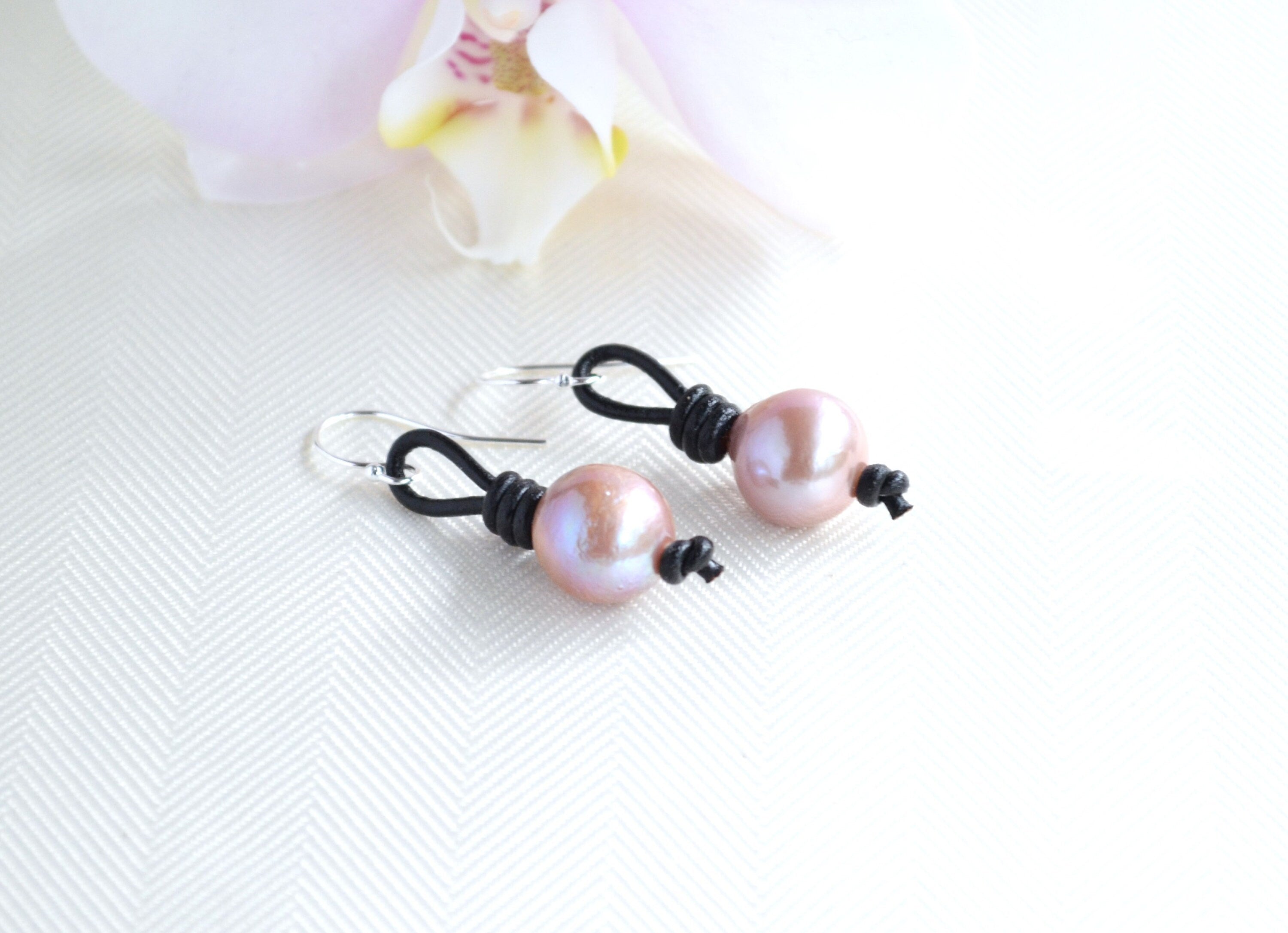 Edison Pearl Drop Earrings: Pink Freshwater Pearls, Sterling Silver & Leather