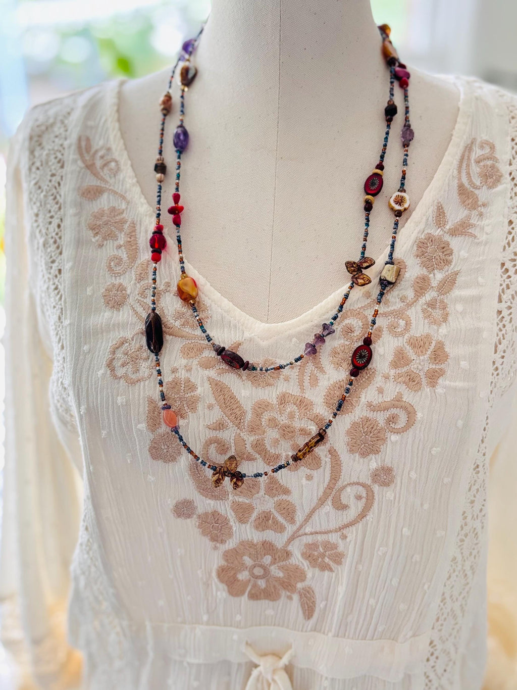 Boho Gemstone Lariat Necklace: Red Coral, Pearl & Abalone