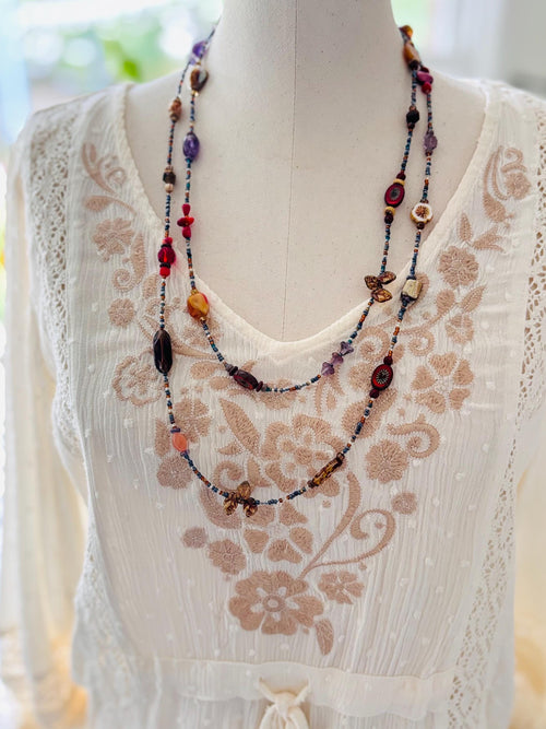 Boho Gemstone Lariat Necklace: Red Coral, Pearl & Abalone