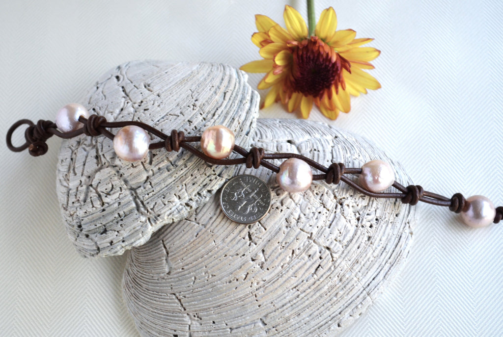 Boho Edison Pearl Bracelet: Leather & Freshwater Pearls