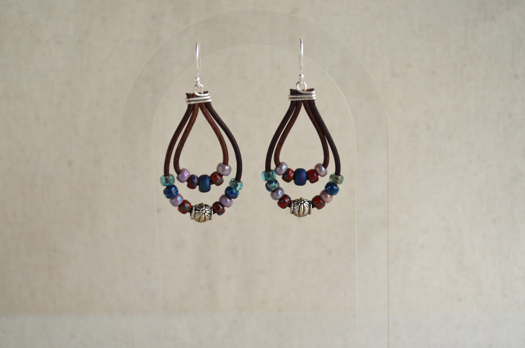 Multi-Color Picasso Bead Leather Dangle Earrings, Sterling Silver
