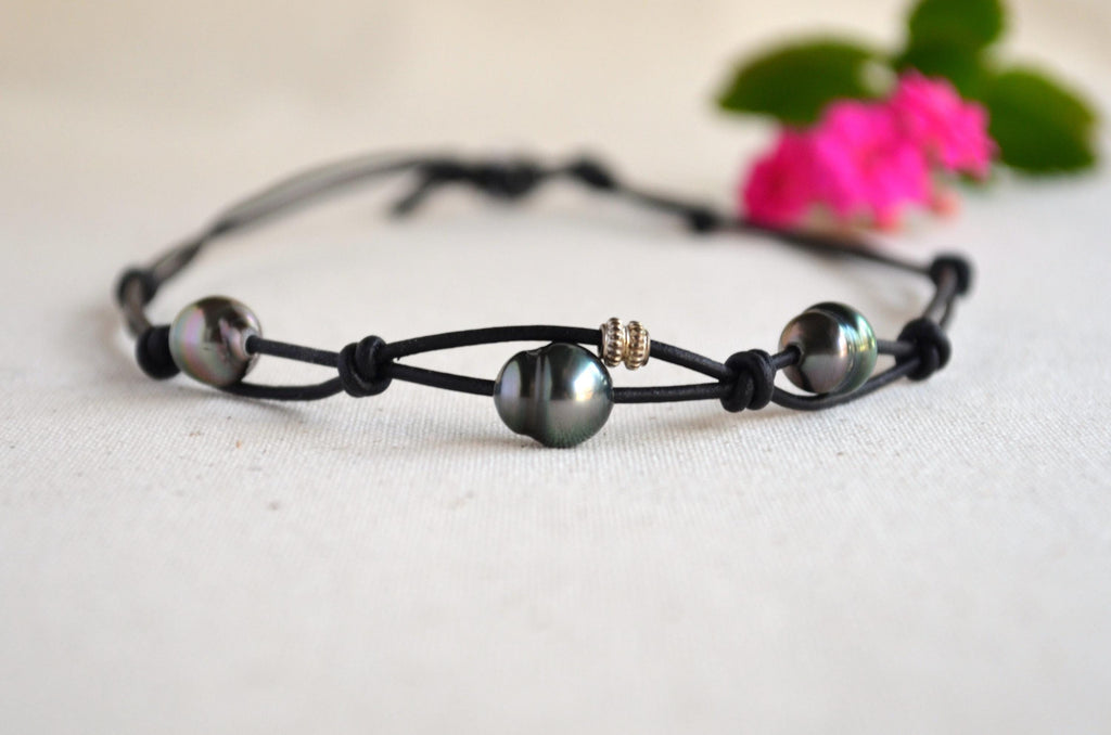Tahitian Black Pearls on Leather Short Necklace, Sterling Silver Accent