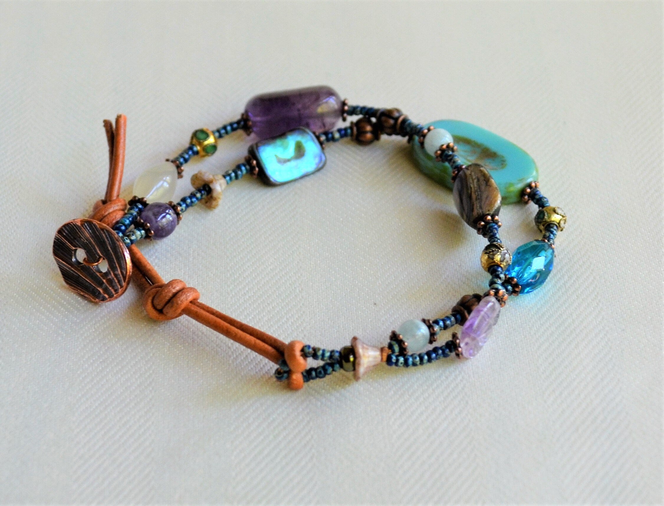 Multi-Color Bead Leather Wrap Bracelet: Amethyst, Moonstone, Agate