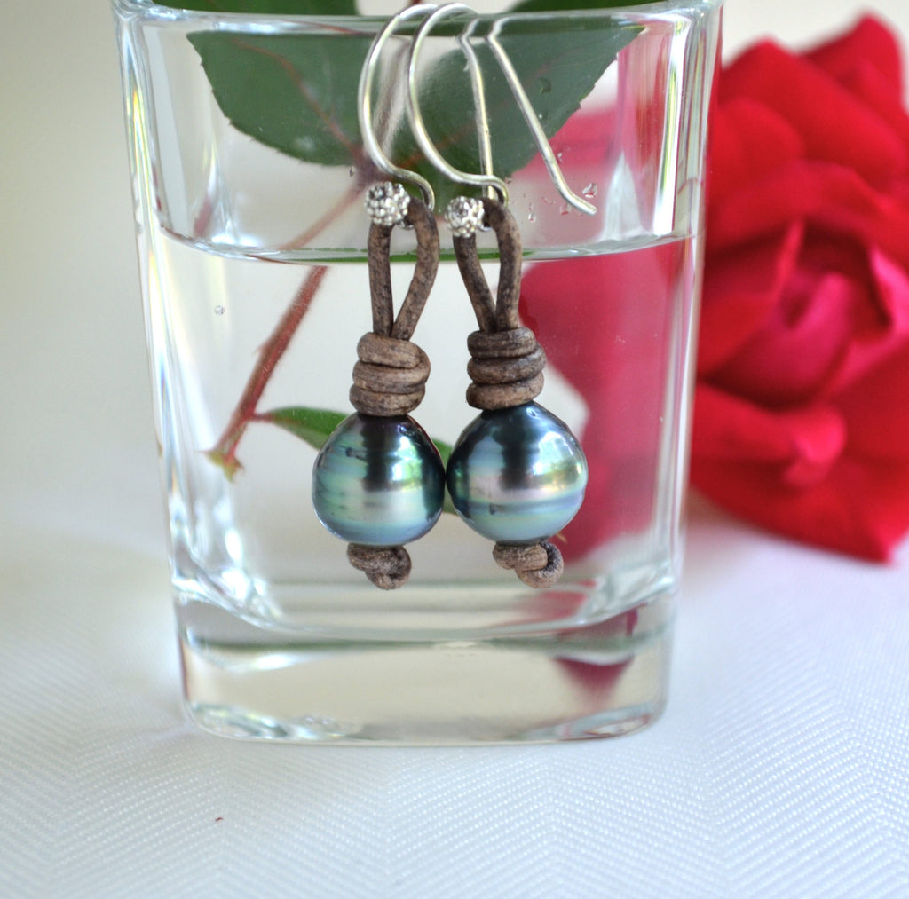 Tahitian Pearl Earrings: Sterling Silver, Brown Leather, Elegant Jewelry