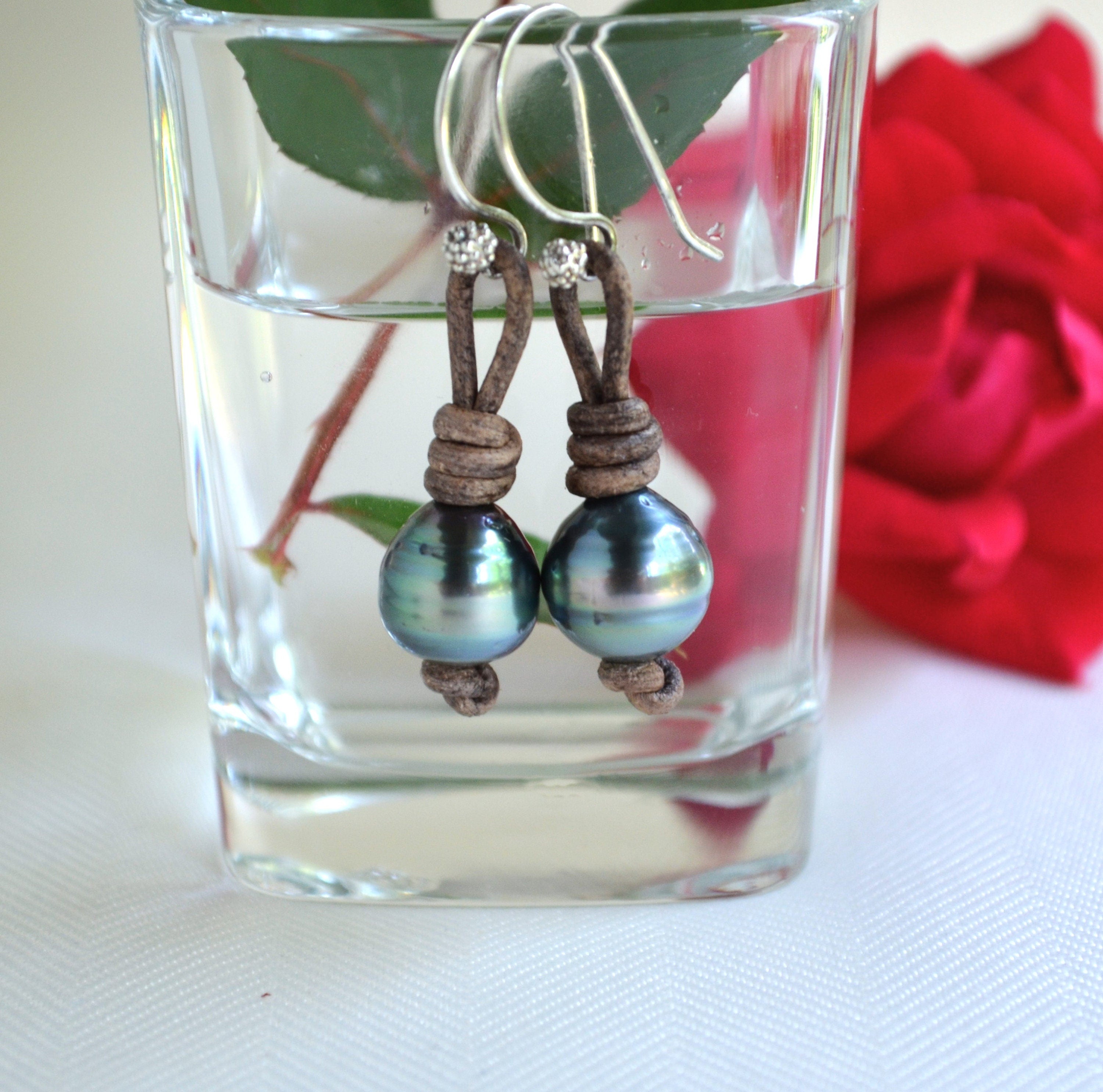 Tahitian Pearl Earrings: Sterling Silver, Brown Leather, Elegant Jewelry