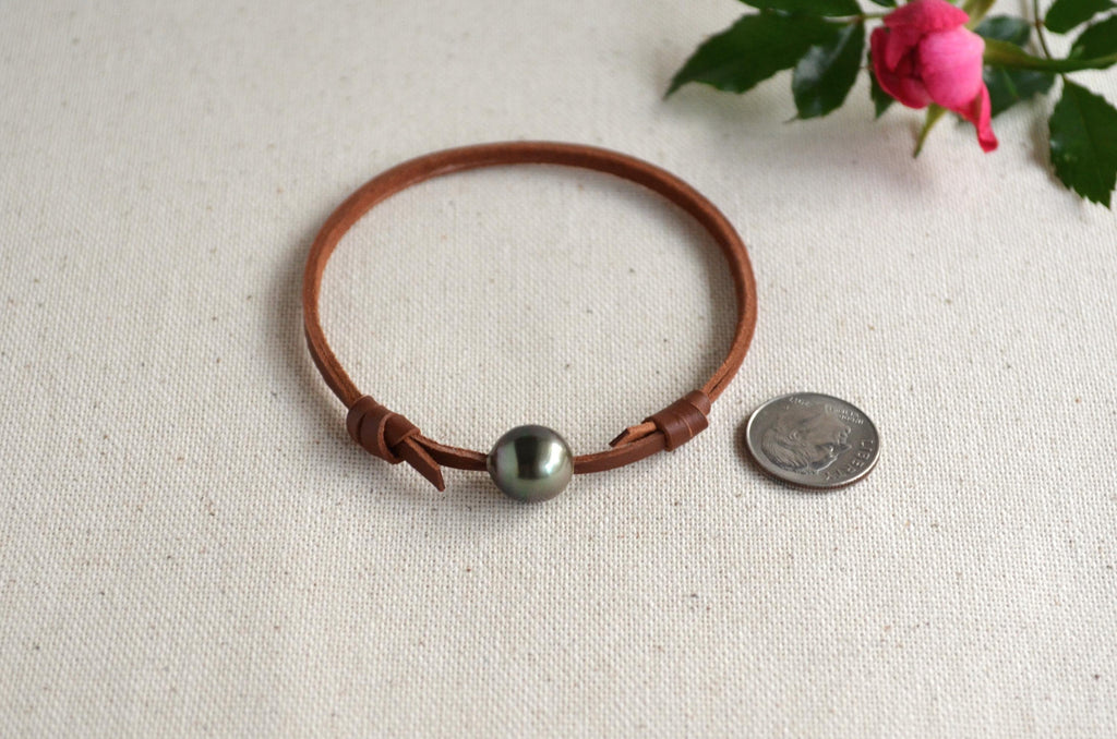 Adjustable Tahitian Pearl Bracelet: Australian Brown Leather Jewelry