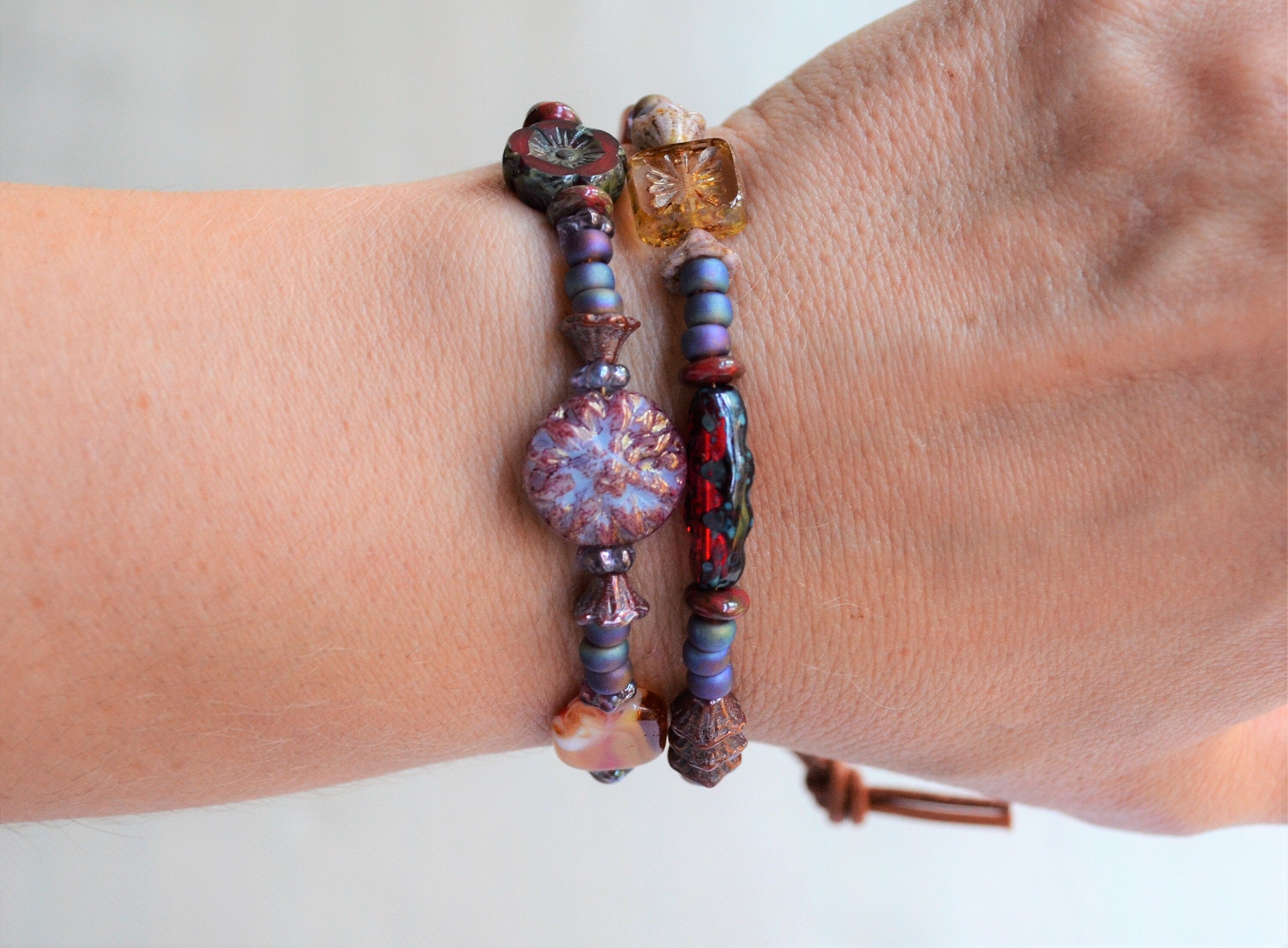 Boho Beaded Double Strand Bracelet: Czech Glass & Dragonfly Button