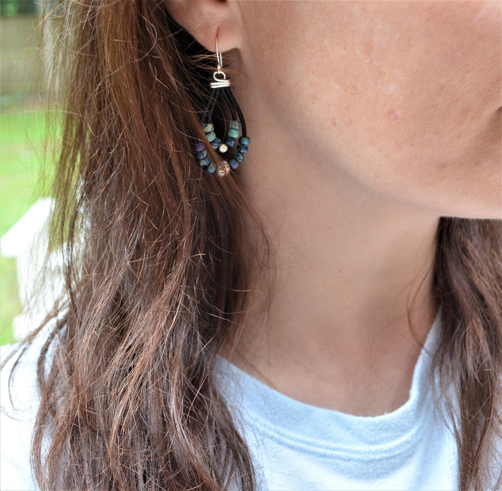 Blue Green Picasso Czech Bead Earrings, Sterling Silver, Leather Cord