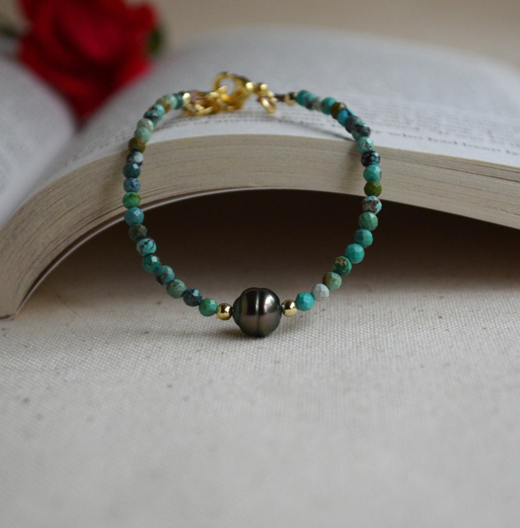 Tahitian Pearl Bracelet, Gold Filled Turquoise Beaded Jewelry
