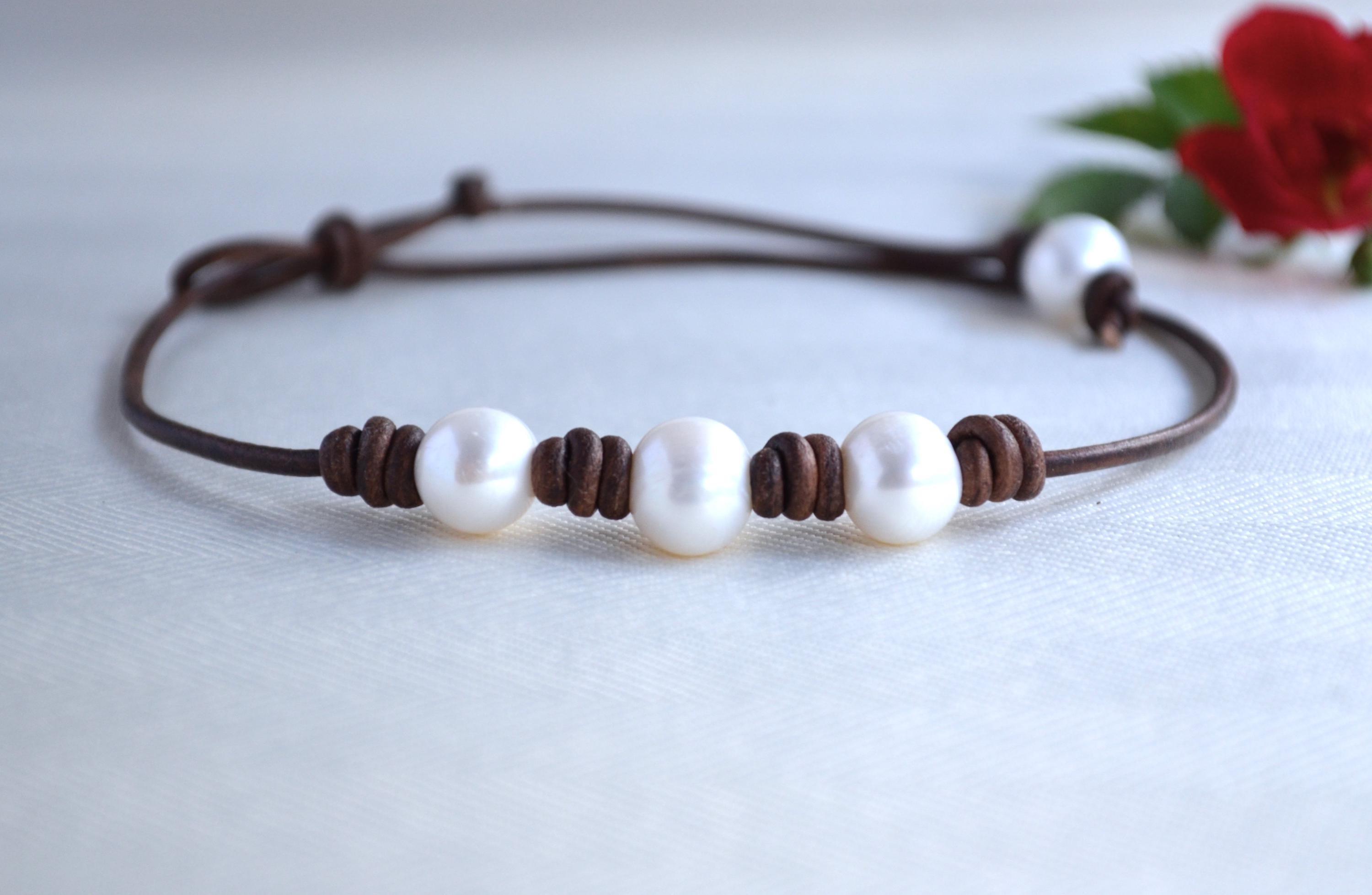 Freshwater Pearl Leather Choker: Three Wishes Necklace