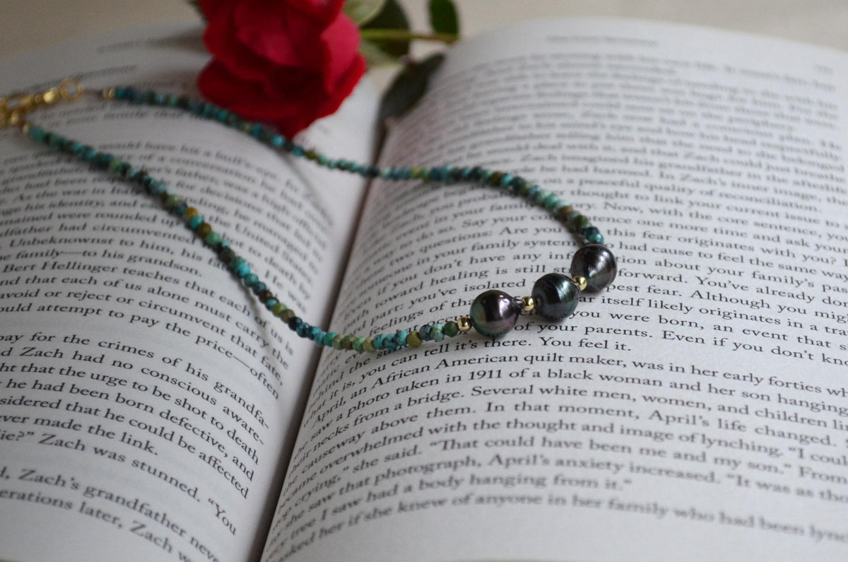 Three Tahitian Pearl Necklace, Turquoise Beaded Short Necklace, Minimal Gold Filled Necklace, Elegant Everyday Jewelry