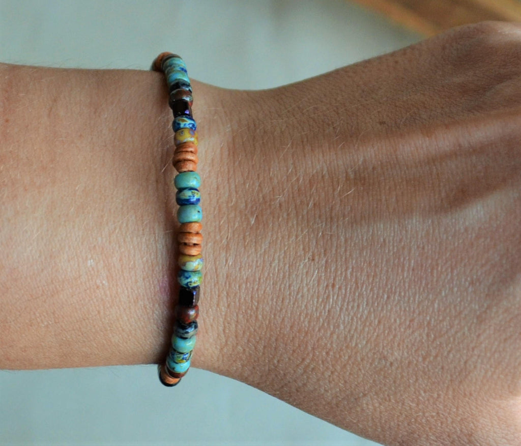 Picasso Czech Bead Leather Bracelet: Knotted Boho Jewelry