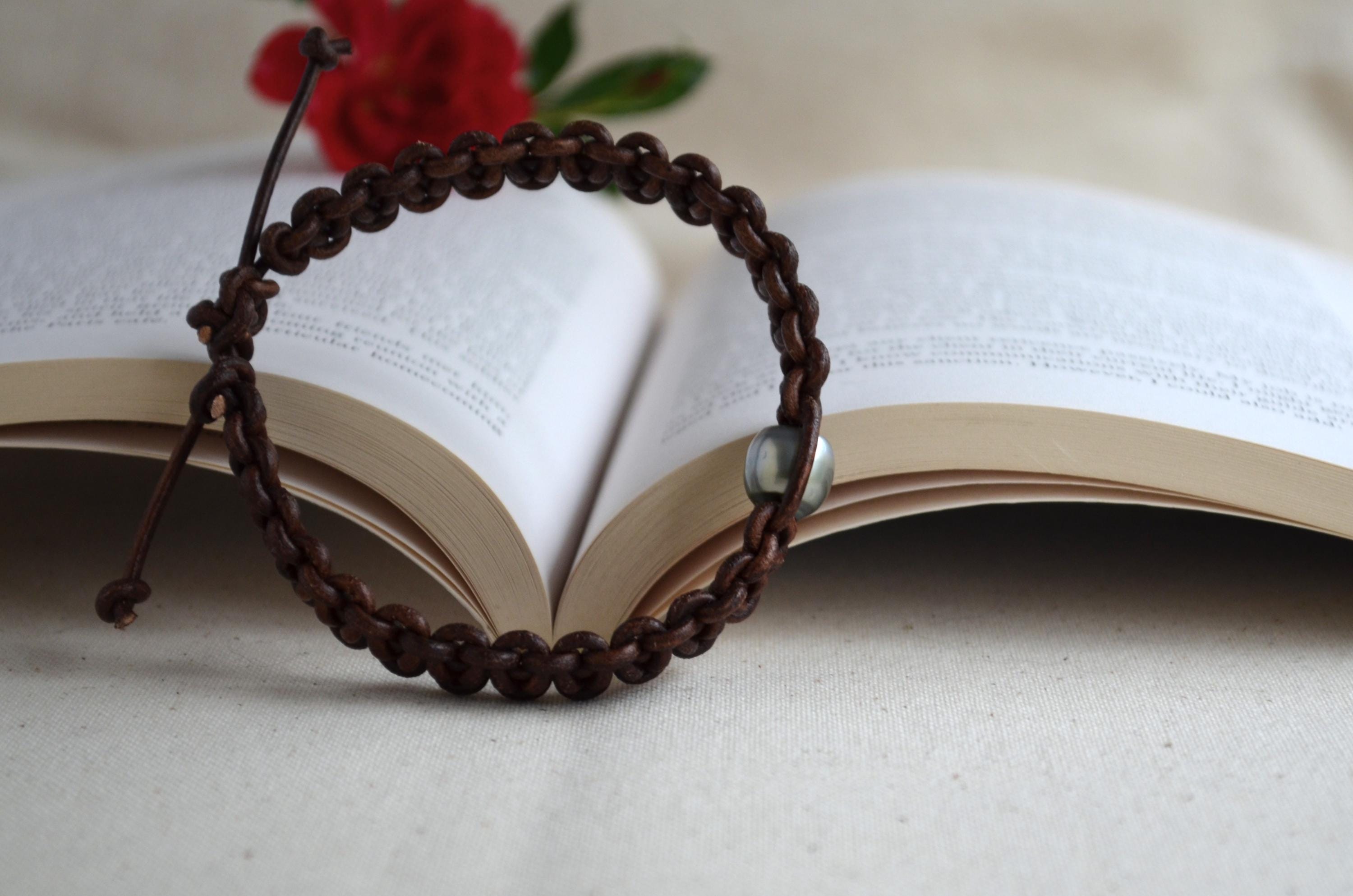 Tahitian Pearl Bracelet, Braided Leather Cuff, Boho Jewelry, Men's Bracelet