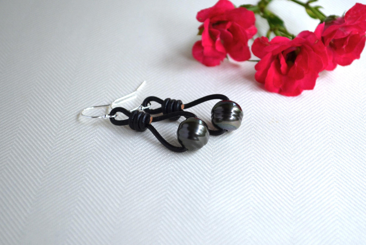 Tahitian Pearl Earrings: Sterling Silver, Black Leather Dangle Earrings