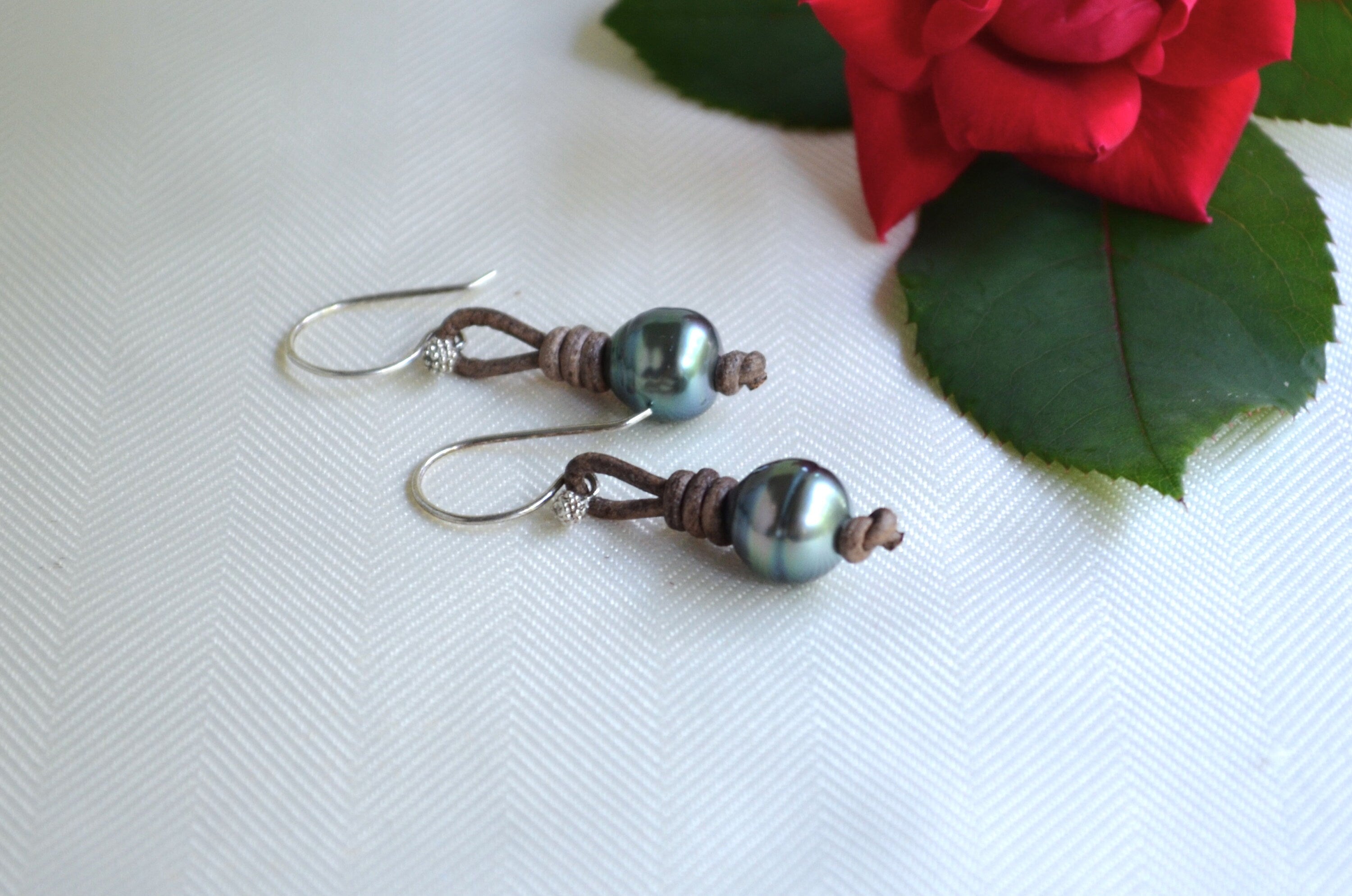 Tahitian Pearl Earrings: Sterling Silver, Brown Leather, Elegant Jewelry
