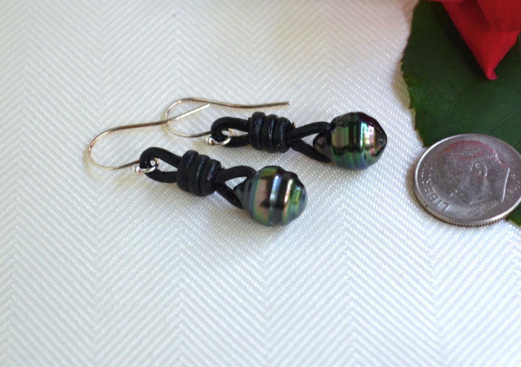 Tahitian Pearl Earrings, Sterling Silver, Black Leather Boho Jewelry
