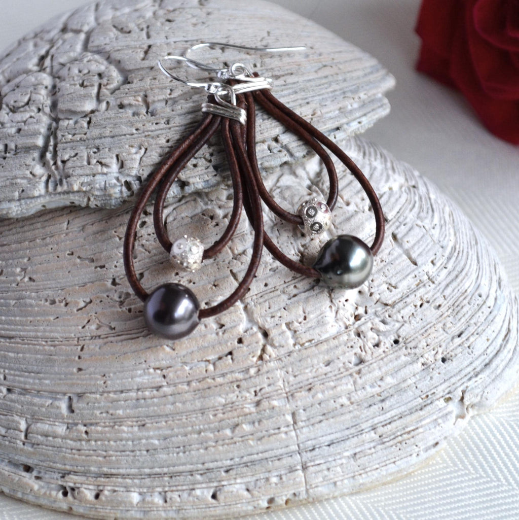 Tahitian Pearl Leather Hoop Earrings: Sterling Silver, Elegant Dangle Jewelry