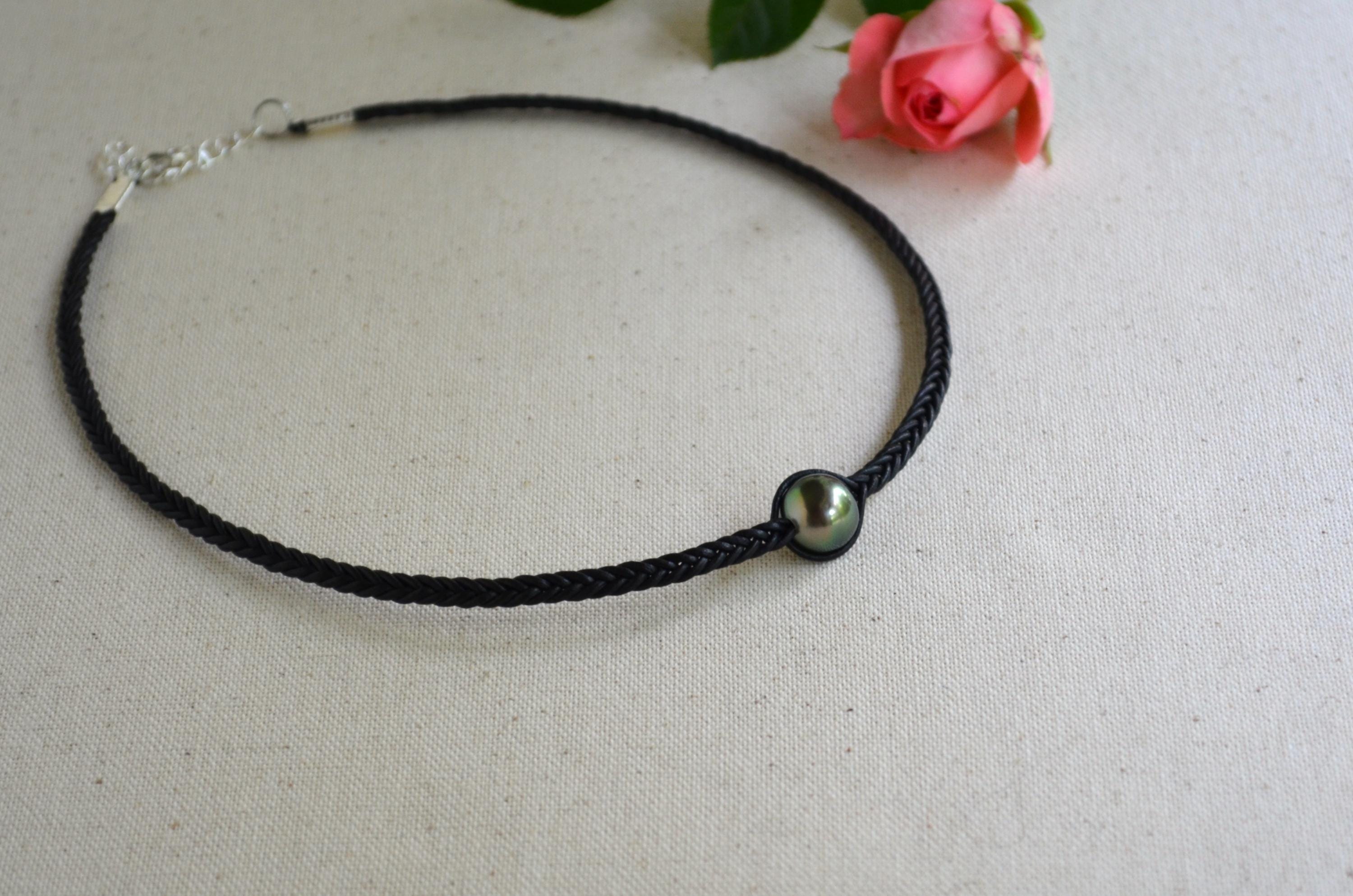 Tahitian Pearl Necklace, Braided Leather Cord, Minimalist Luxury Jewelry