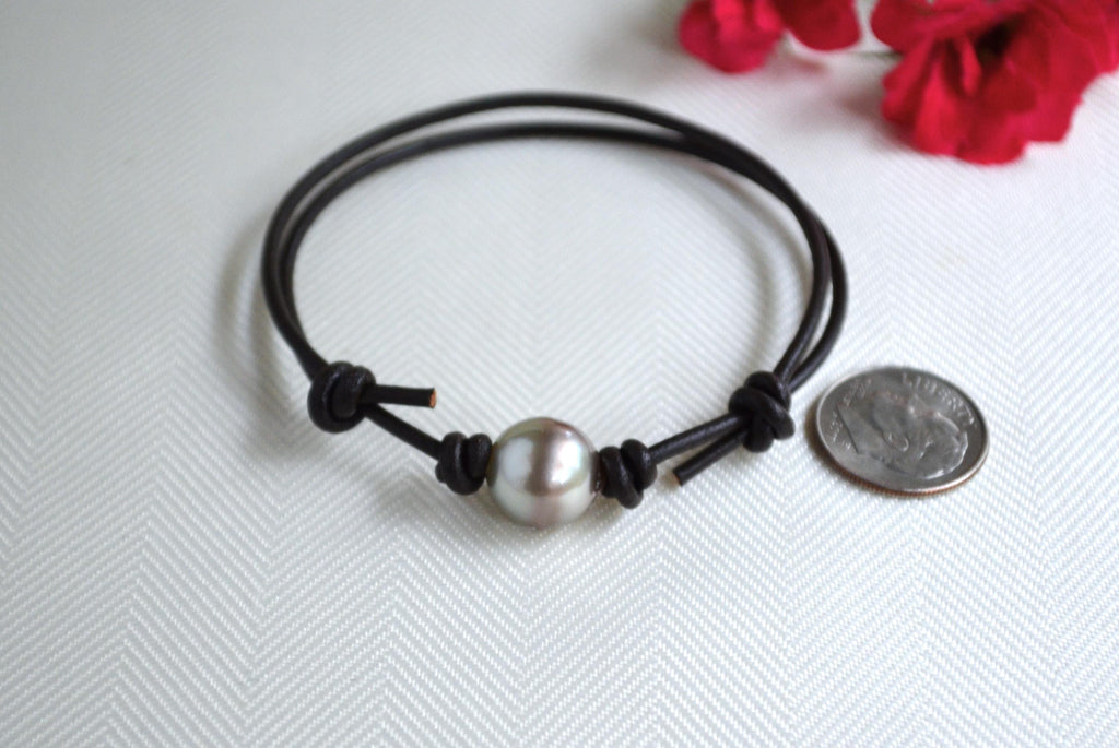 Tahitian Pearl Bracelet: Unisex Dark Brown Greek Leather, LARGE Pearl, Adjustable Jewelry