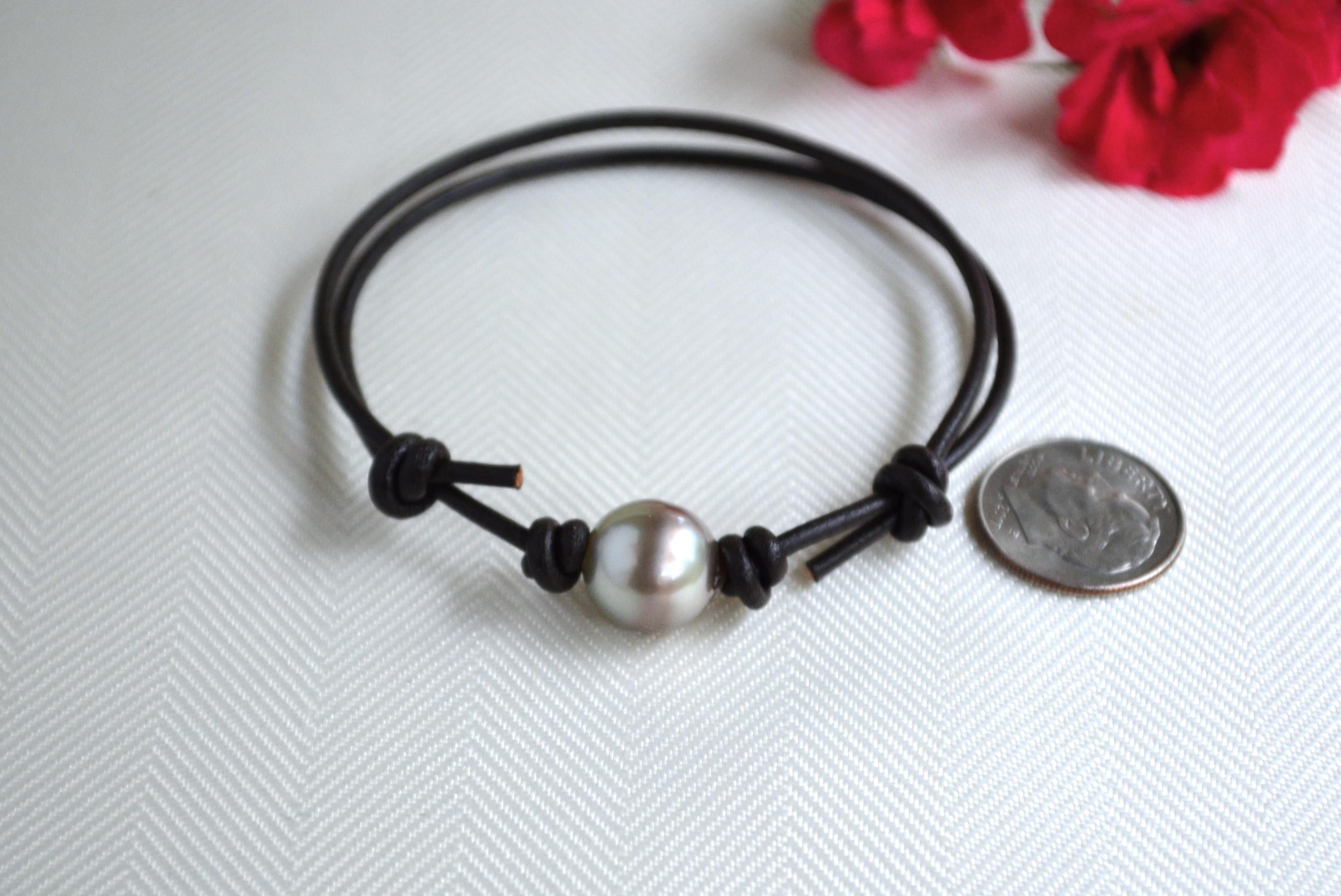Tahitian Pearl Bracelet: Unisex Dark Brown Greek Leather, LARGE Pearl, Adjustable Jewelry