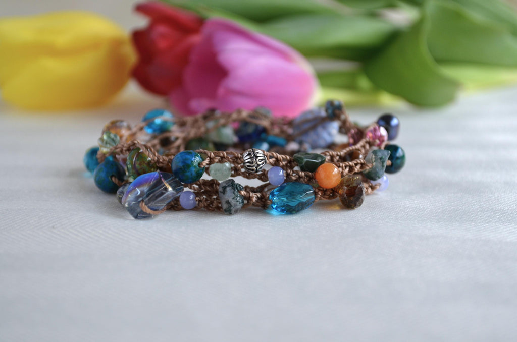 Crocheted Beaded Lariat Necklace - Multicolor Czech Beads, Artisan Boho Jewelry