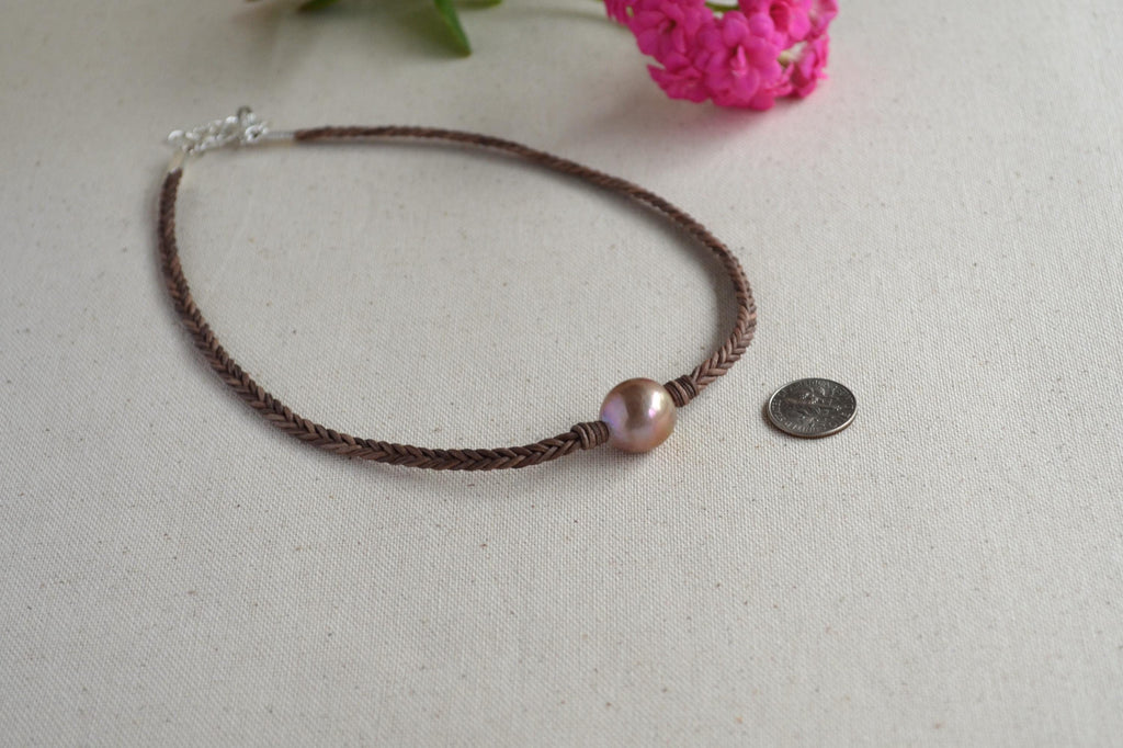 15mm Pink Edison Pearl Necklace, Braided Leather Choker, Mauve Lavender Pearl Jewelry
