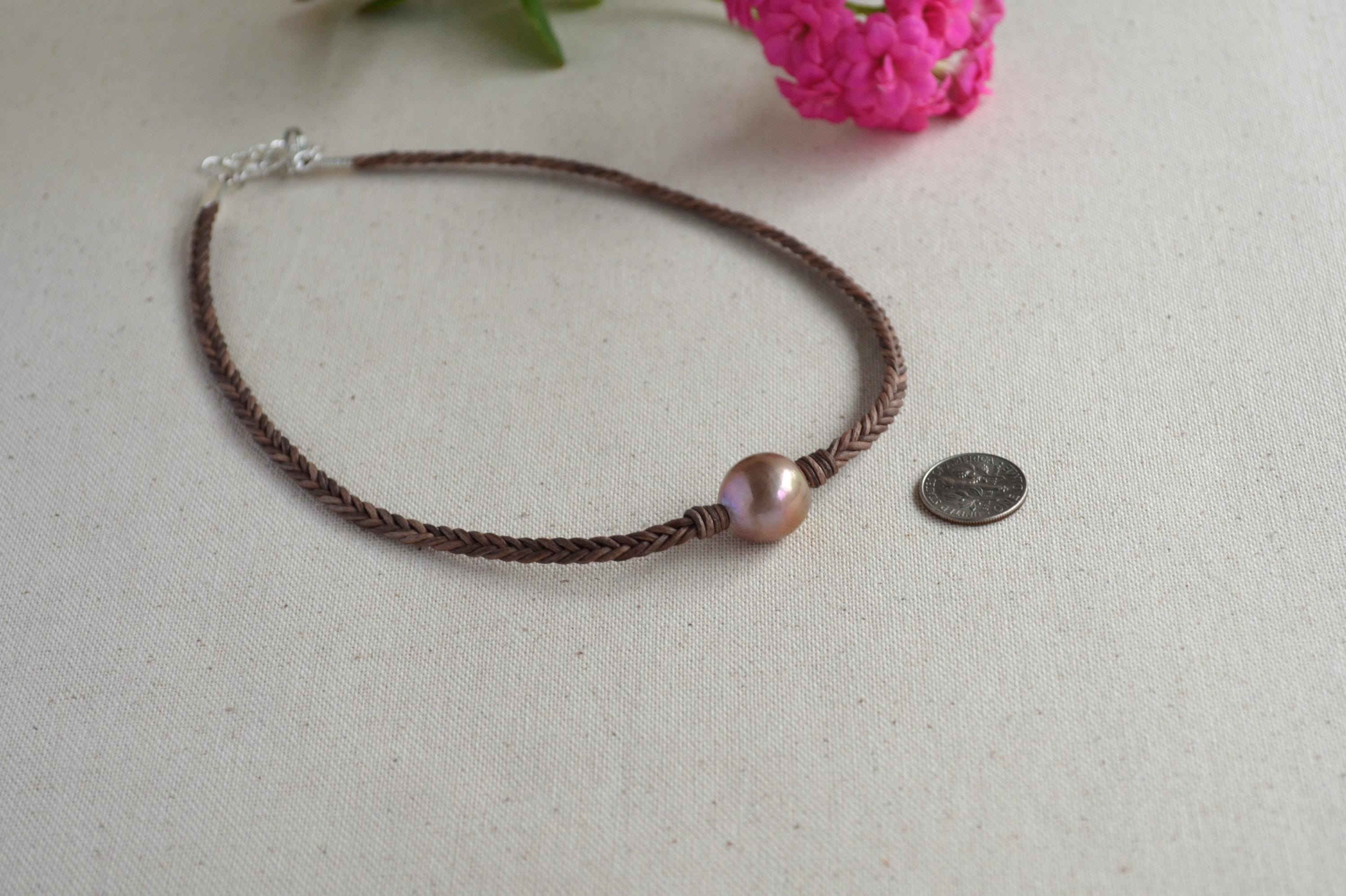 15mm Pink Edison Pearl Necklace, Braided Leather Choker, Mauve Lavender Pearl Jewelry