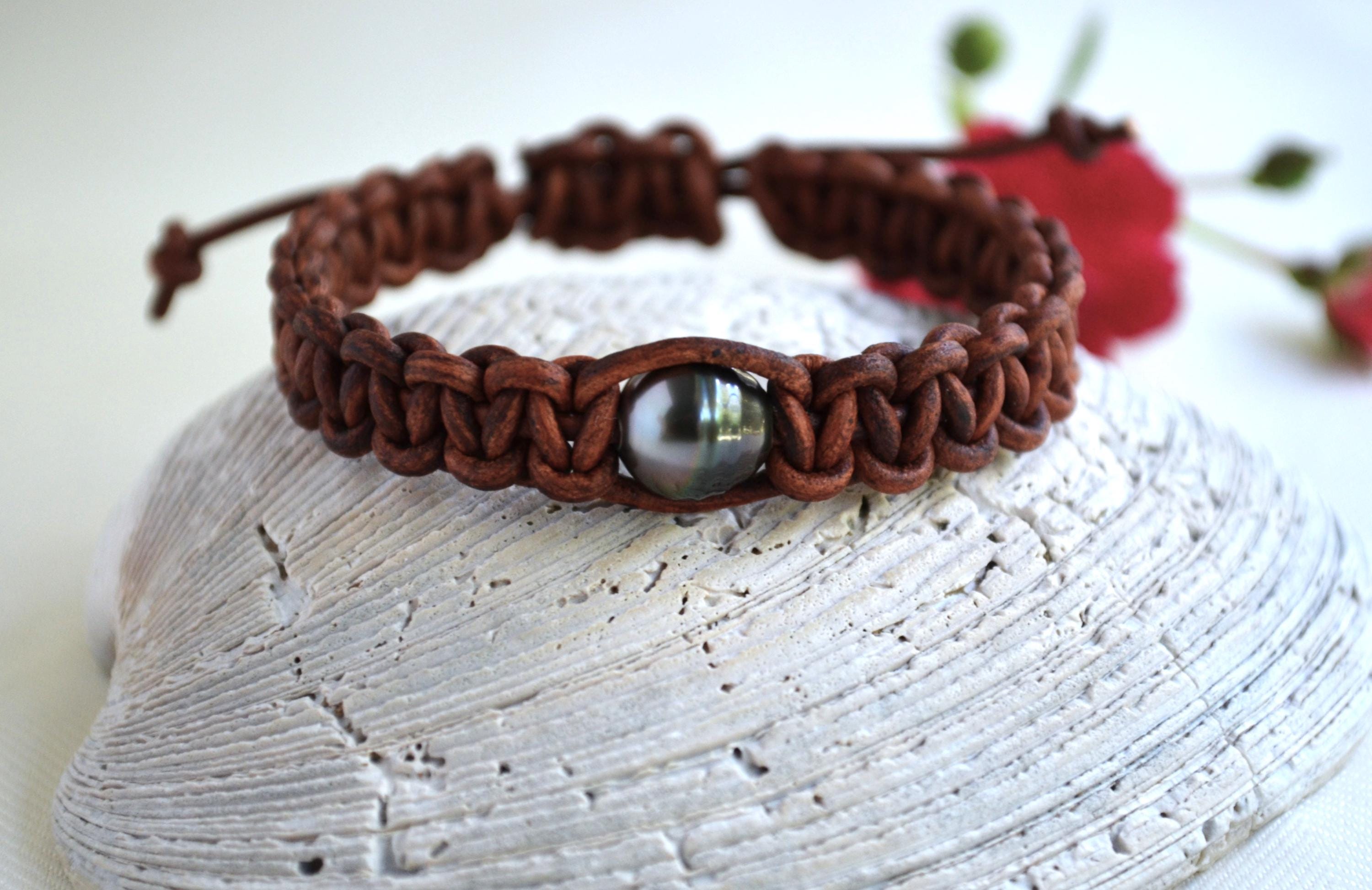 Tahitian Black Pearl Bracelet, Brown Distressed Leather, Adjustable