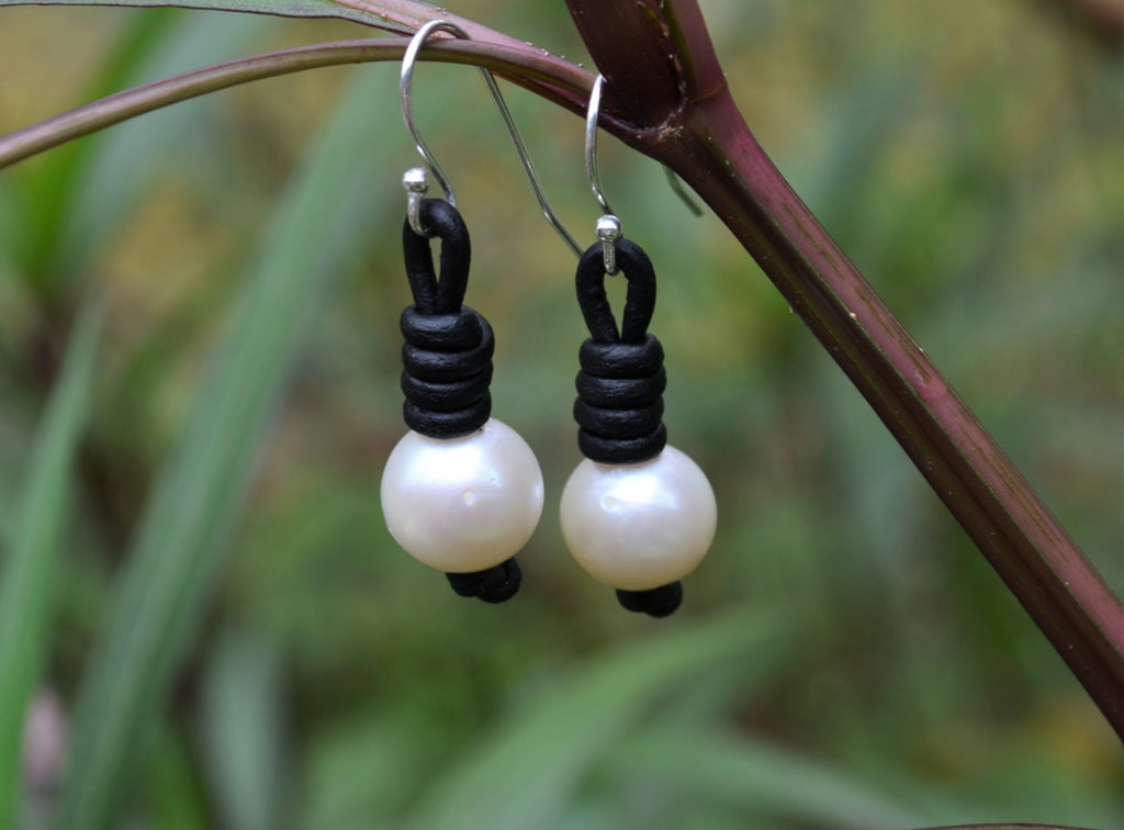Pearl Leather Earrings: Freshwater Pearls, Boho Dangle Earrings