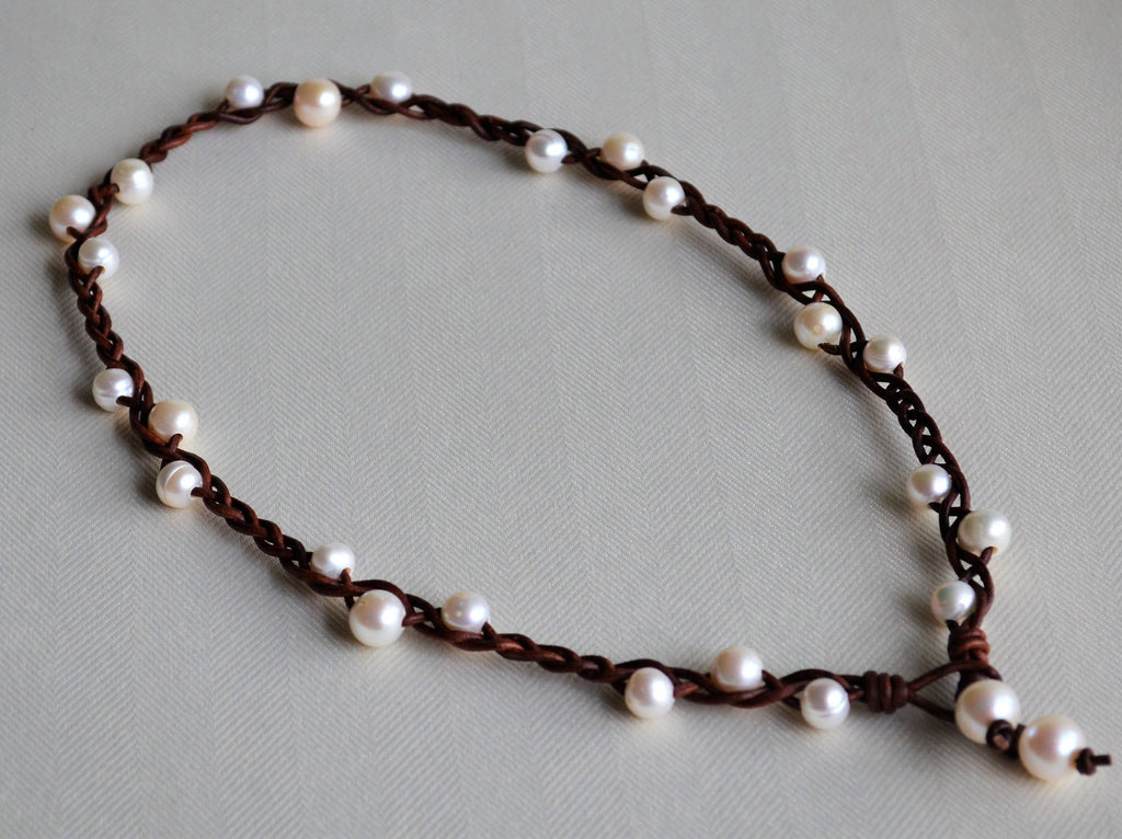 Braided Leather Necklace: White Freshwater Pearls, Boho Chic
