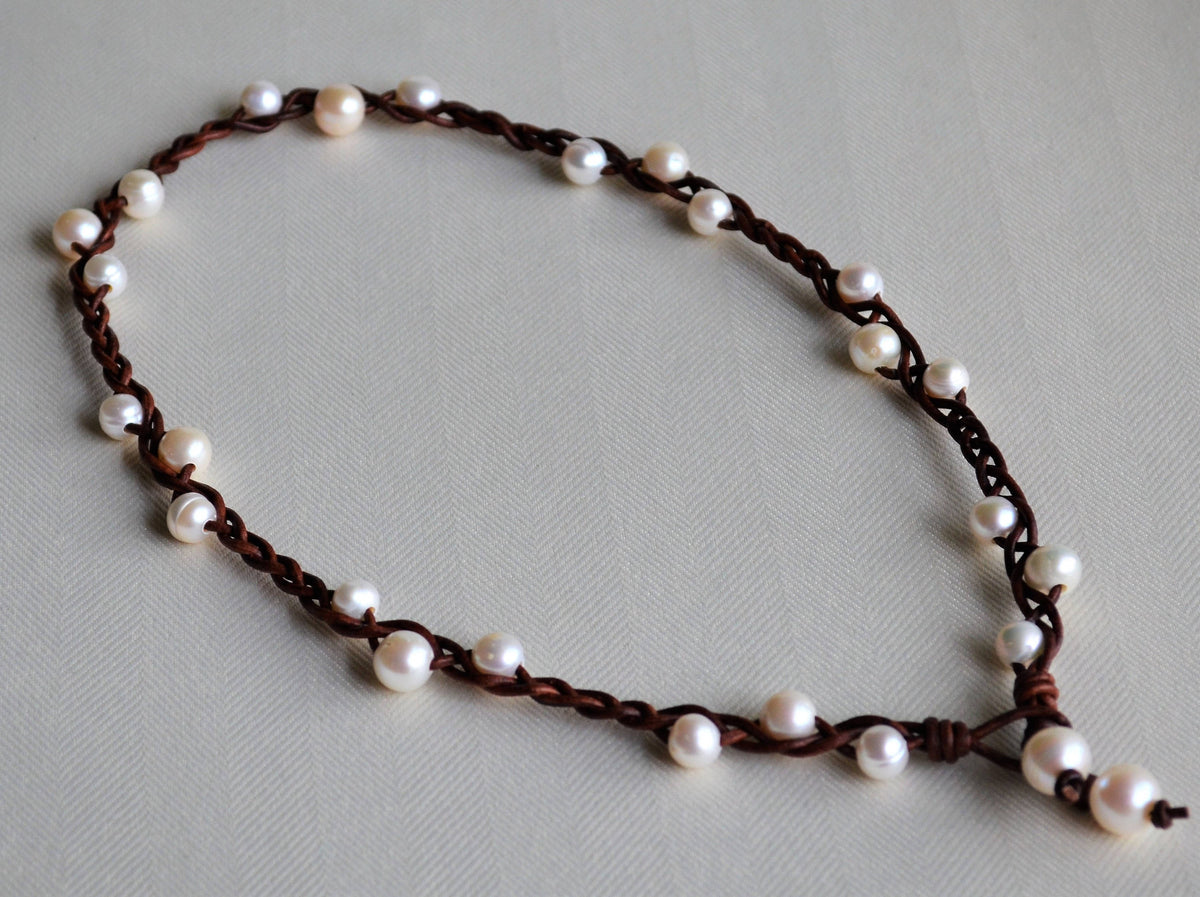 Braided Leather Necklace: White Freshwater Pearls, Boho Chic