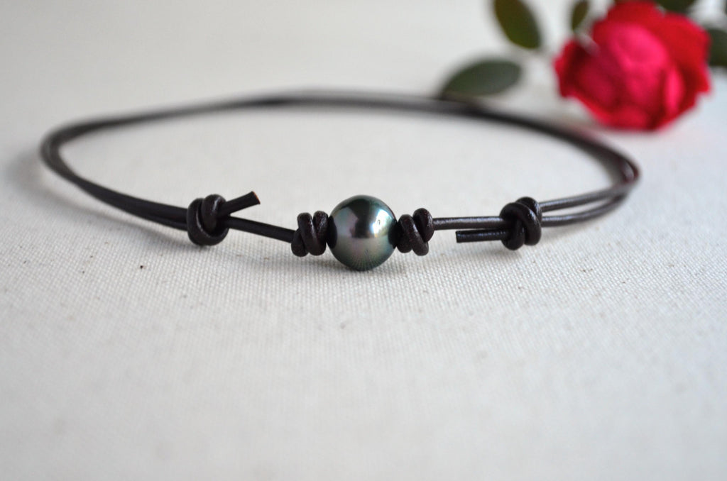 Tahitian Pearl Choker, Adjustable Brown Leather Necklace
