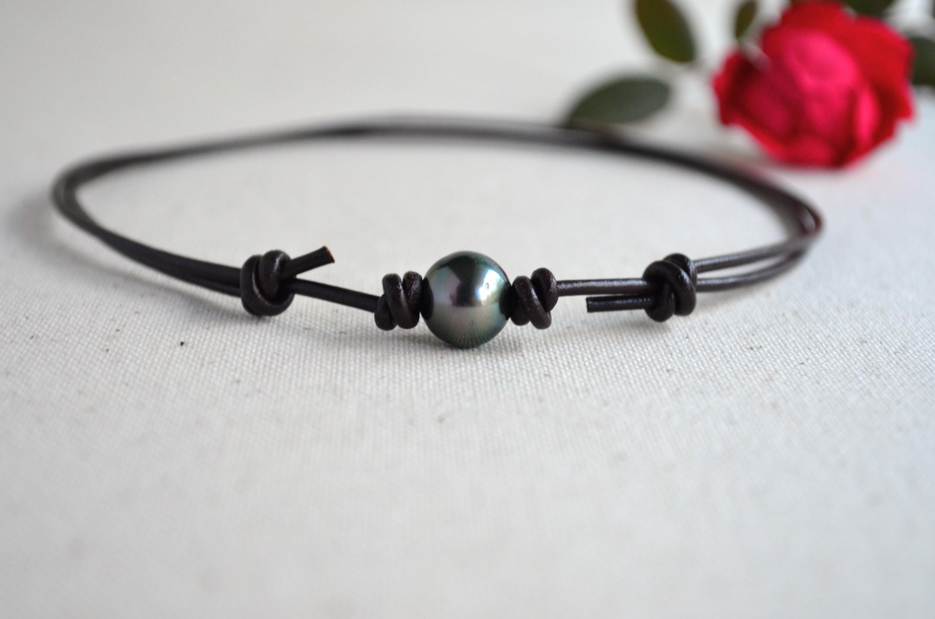 Tahitian Pearl Choker, Adjustable Brown Leather Necklace