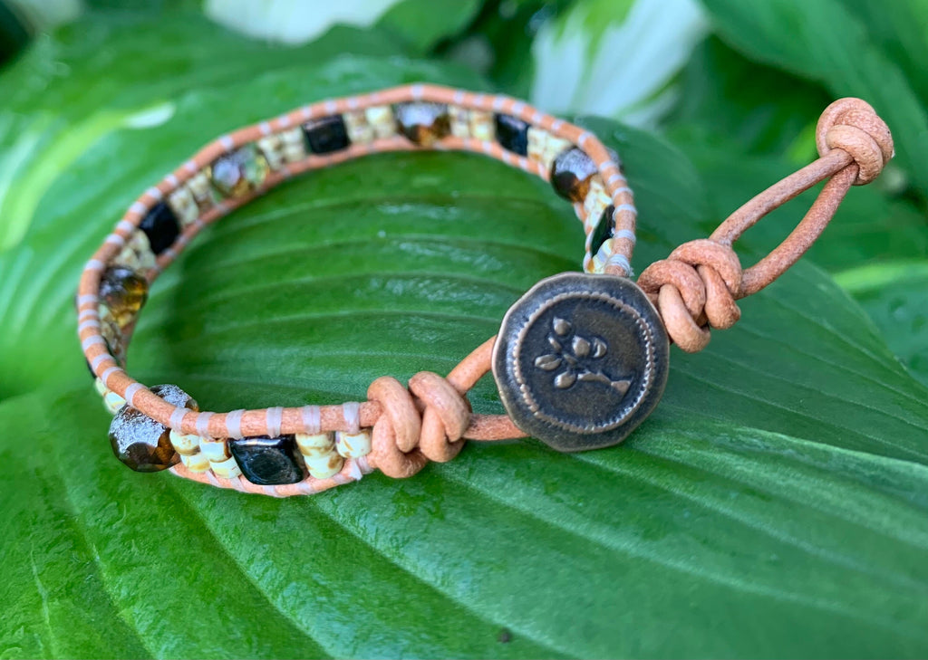 Beaded Leather Wrap Bracelet: Rustic Tree Button, Czech Beads