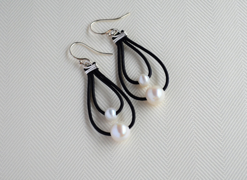Freshwater Pearl Leather Earrings: Sterling Silver Hooks