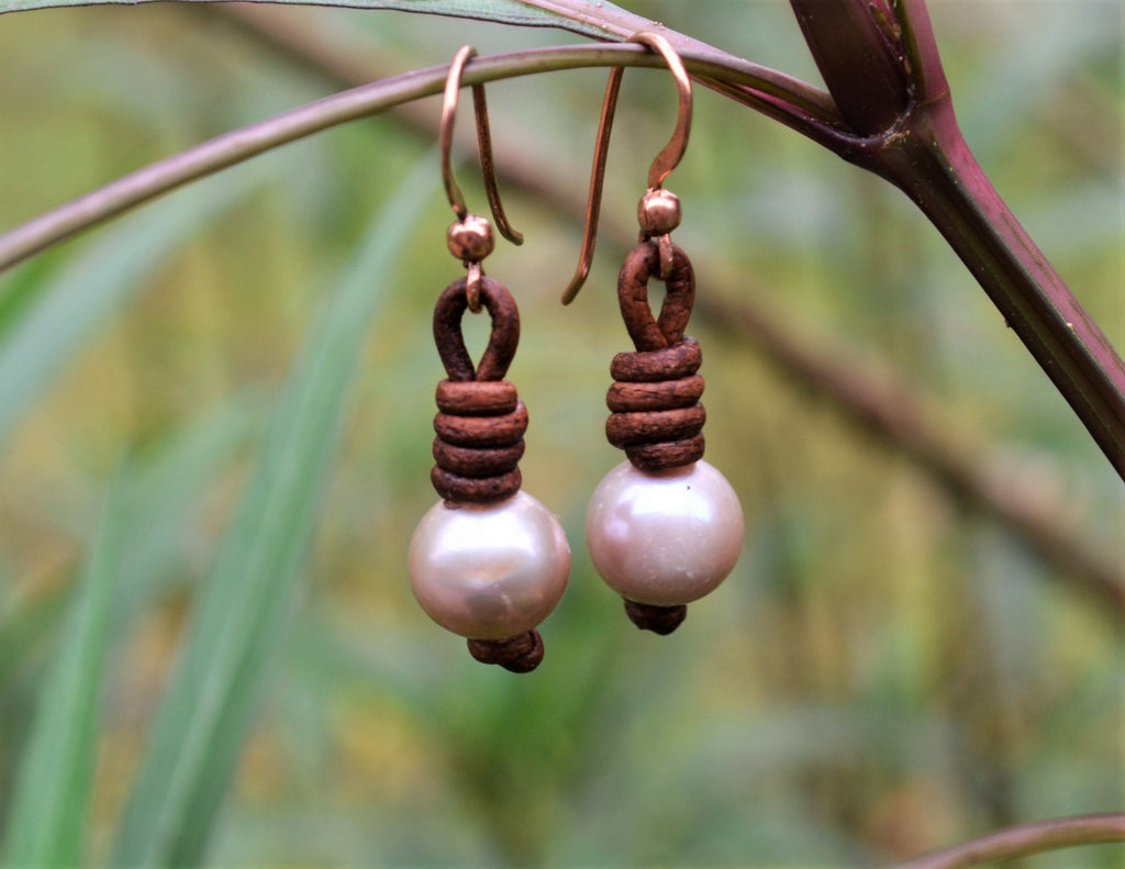 Pearl Leather Earrings: Freshwater Pearls, Boho Dangle Earrings