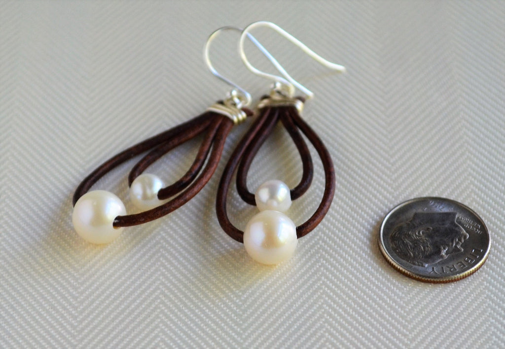 Freshwater Pearl Leather Earrings: Sterling Silver Hooks