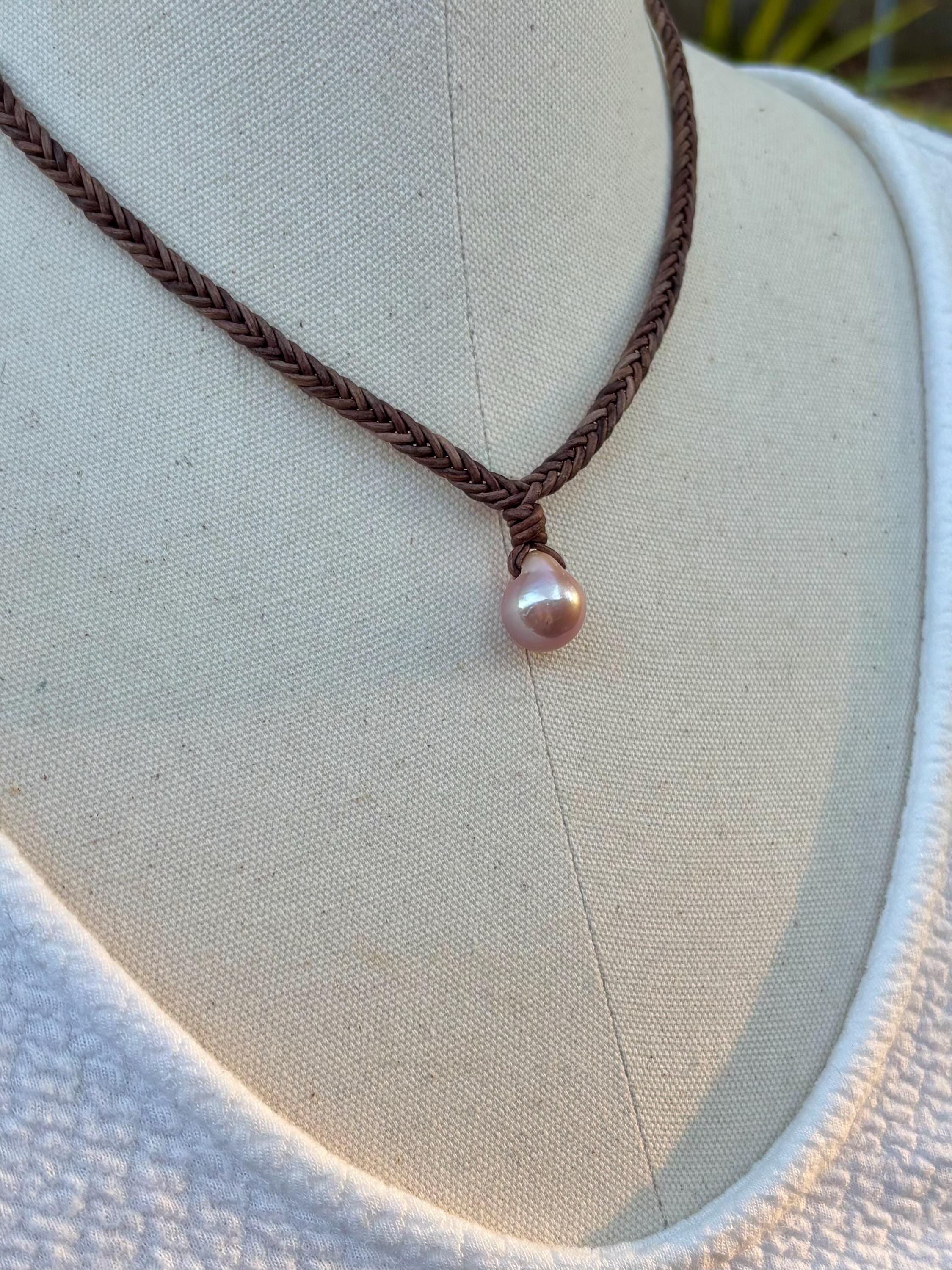 Large Edison Pearl Leather Necklace, Hand Braided Brown Leather Choker, Statement Piece