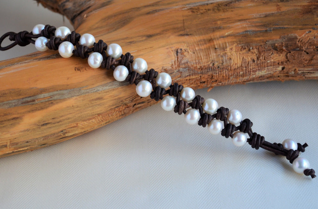 Knotted Pearl Leather Bracelet: Boho Freshwater Pearl Cuff