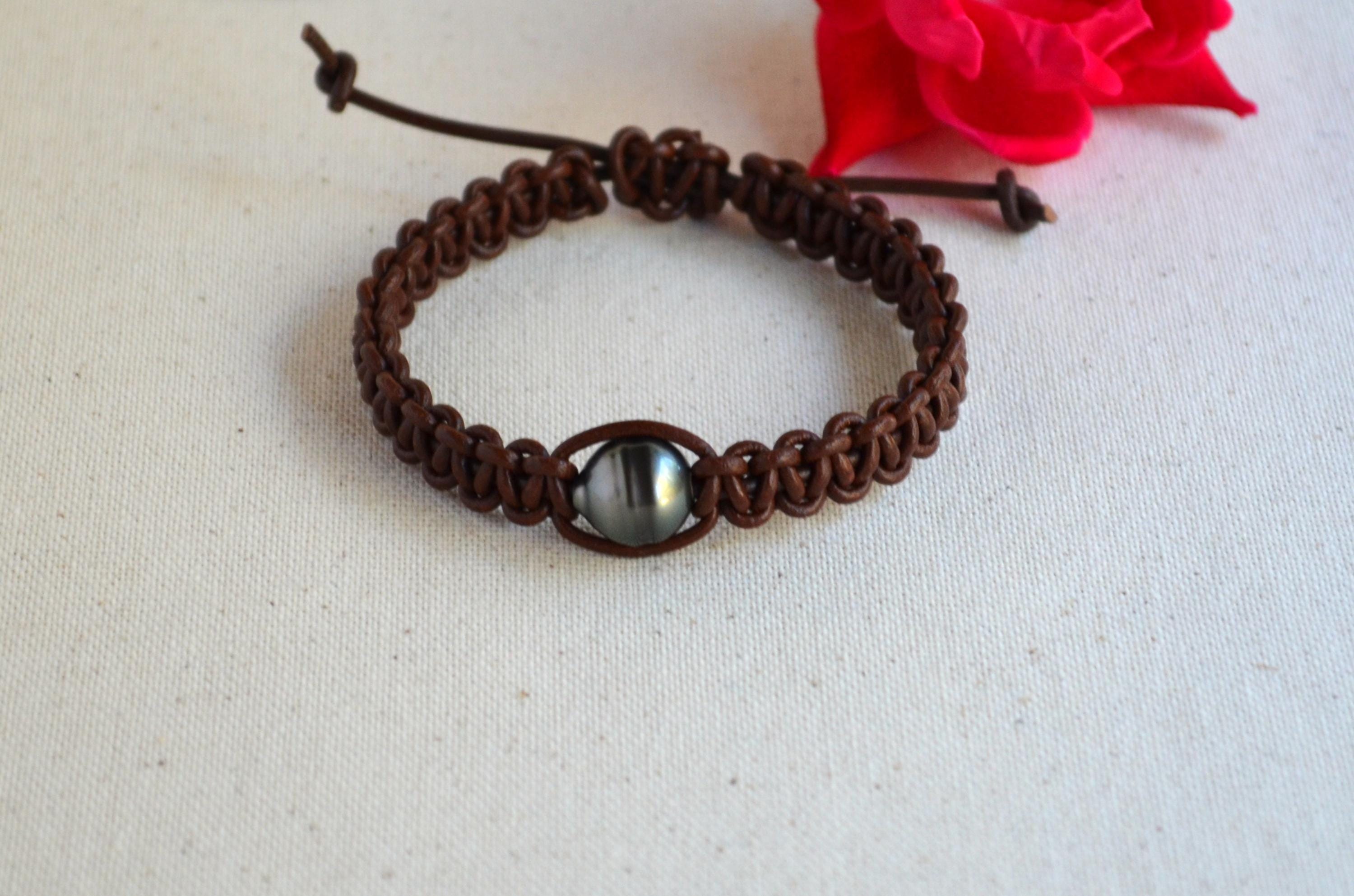 Adjustable Tahitian Pearl Bracelet: Greek Chocolate Brown Leather Bohemian Jewelry for Her