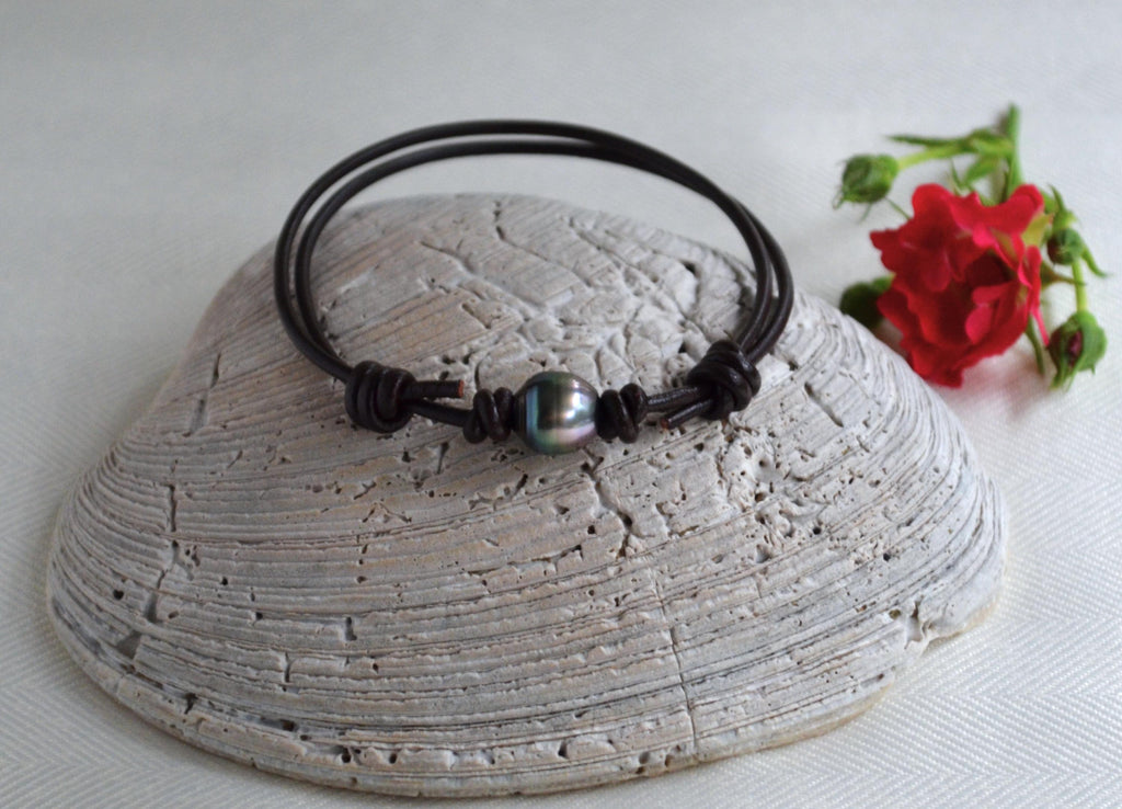 Tahitian Pearl Bracelet: Brown Greek Leather, Adjustable Unisex Jewelry