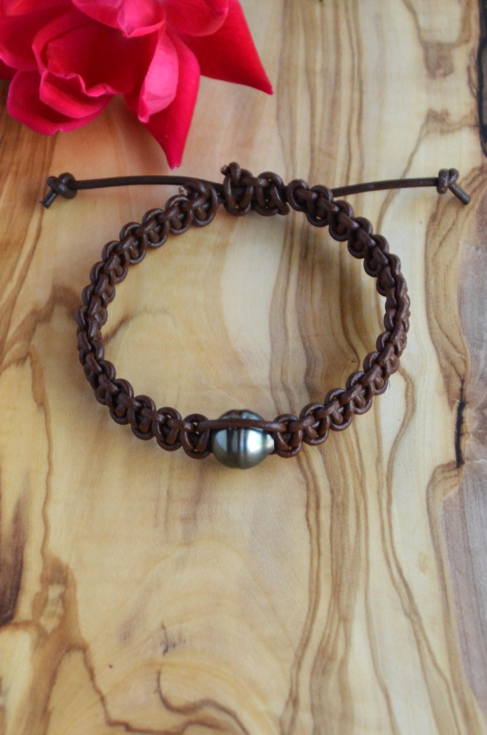 Adjustable Tahitian Pearl Bracelet: Greek Chocolate Brown Leather Bohemian Jewelry for Her