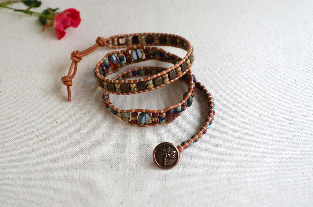 Dragonfly Beaded Leather Wrap Bracelet, Czech Glass Three Wrap