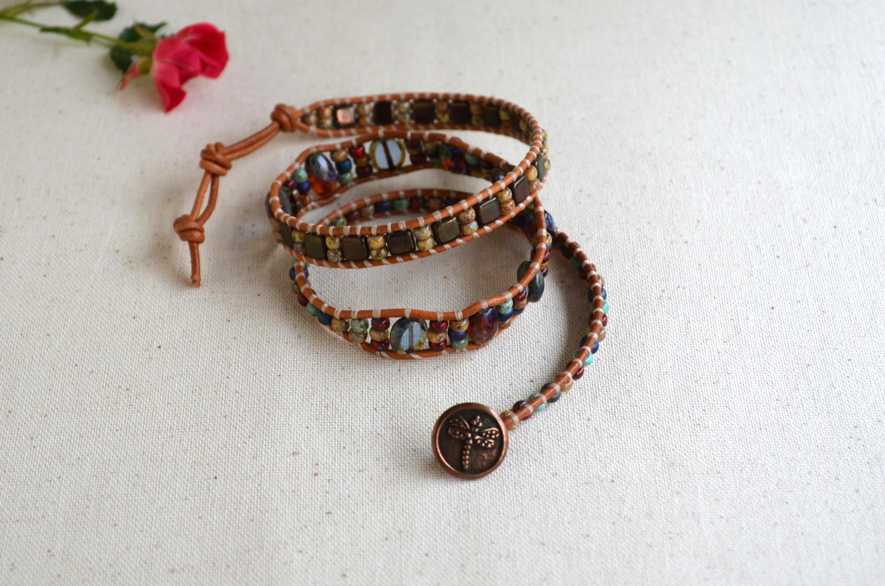 Dragonfly Beaded Leather Wrap Bracelet, Czech Glass Three Wrap